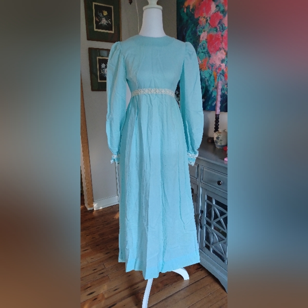 Vintage 70's Light Blue Polka-dot Dress with Crochet Details